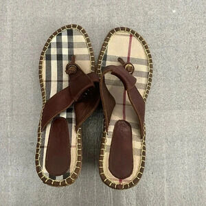 [39/US9]Burberry Nova Check Brown Leather Espadrille Wedge Slides Sandals